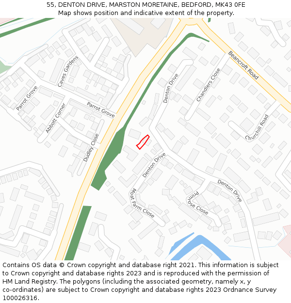 55, DENTON DRIVE, MARSTON MORETAINE, BEDFORD, MK43 0FE: Location map and indicative extent of plot