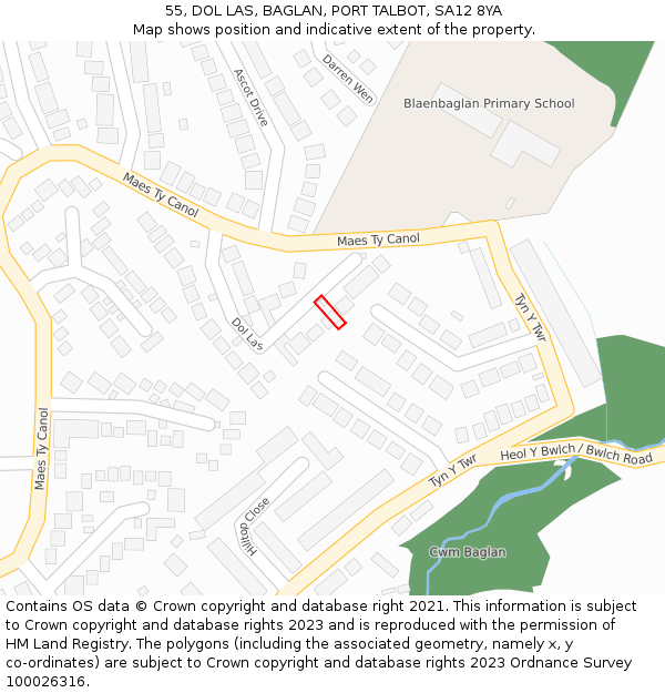 55, DOL LAS, BAGLAN, PORT TALBOT, SA12 8YA: Location map and indicative extent of plot
