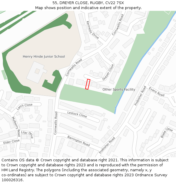 55, DREYER CLOSE, RUGBY, CV22 7SX: Location map and indicative extent of plot