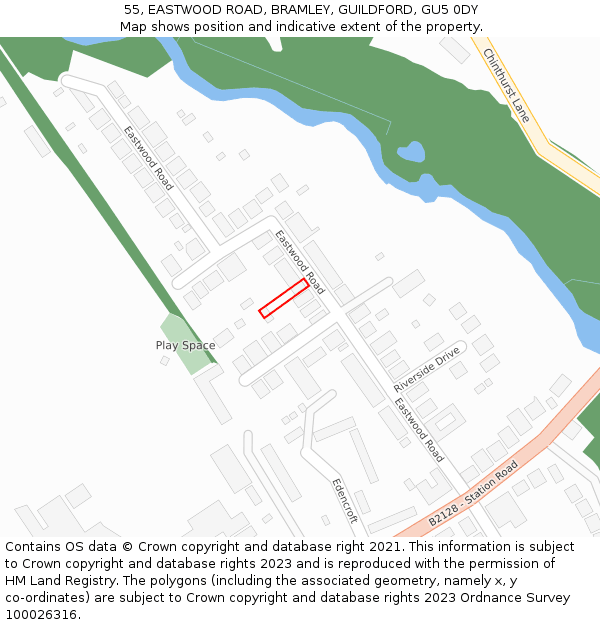 55, EASTWOOD ROAD, BRAMLEY, GUILDFORD, GU5 0DY: Location map and indicative extent of plot