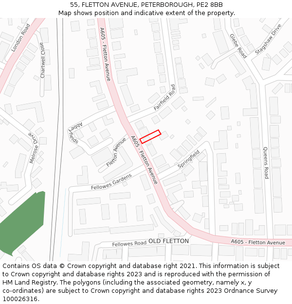 55, FLETTON AVENUE, PETERBOROUGH, PE2 8BB: Location map and indicative extent of plot