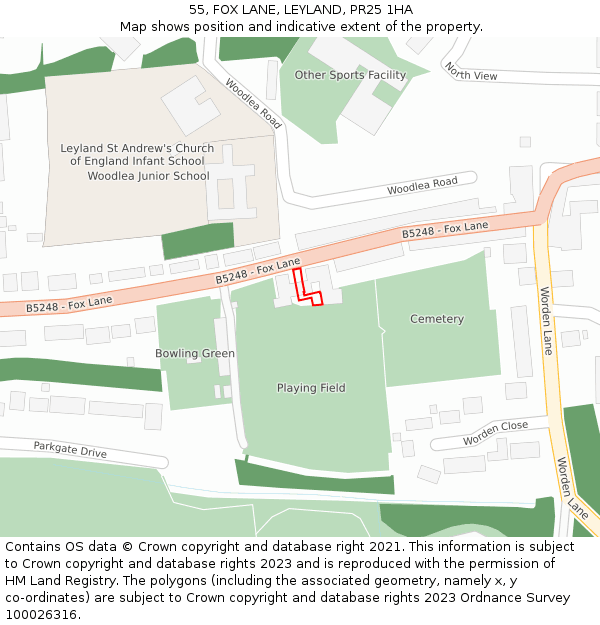 55, FOX LANE, LEYLAND, PR25 1HA: Location map and indicative extent of plot