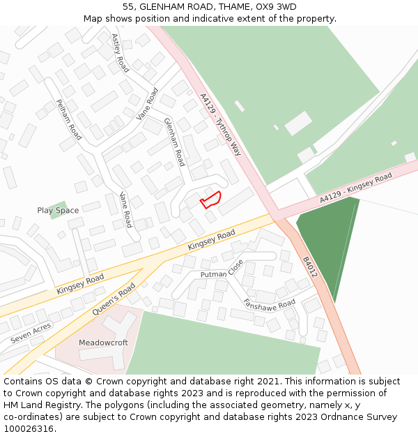 55, GLENHAM ROAD, THAME, OX9 3WD: Location map and indicative extent of plot