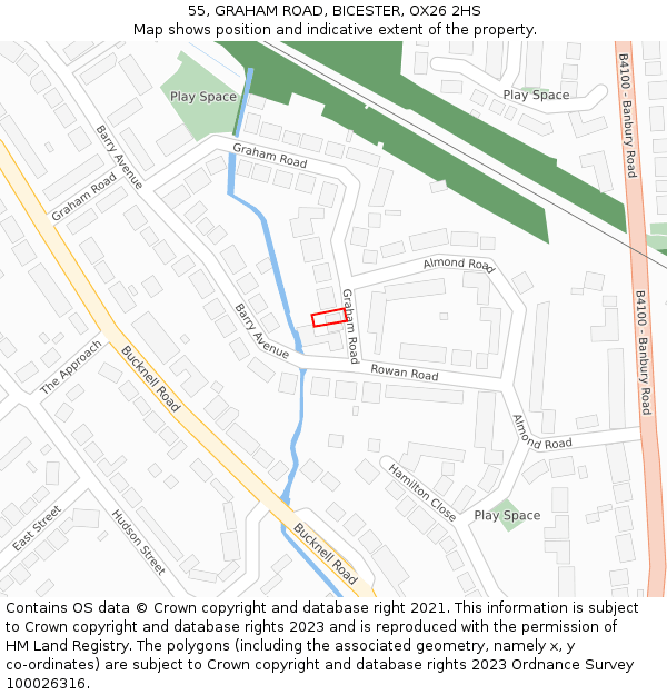 55, GRAHAM ROAD, BICESTER, OX26 2HS: Location map and indicative extent of plot