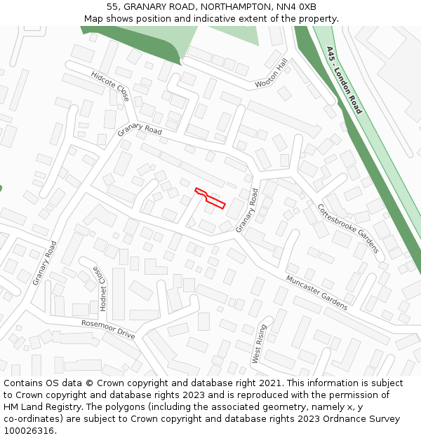 55, GRANARY ROAD, NORTHAMPTON, NN4 0XB: Location map and indicative extent of plot