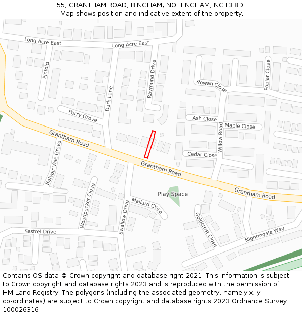 55, GRANTHAM ROAD, BINGHAM, NOTTINGHAM, NG13 8DF: Location map and indicative extent of plot