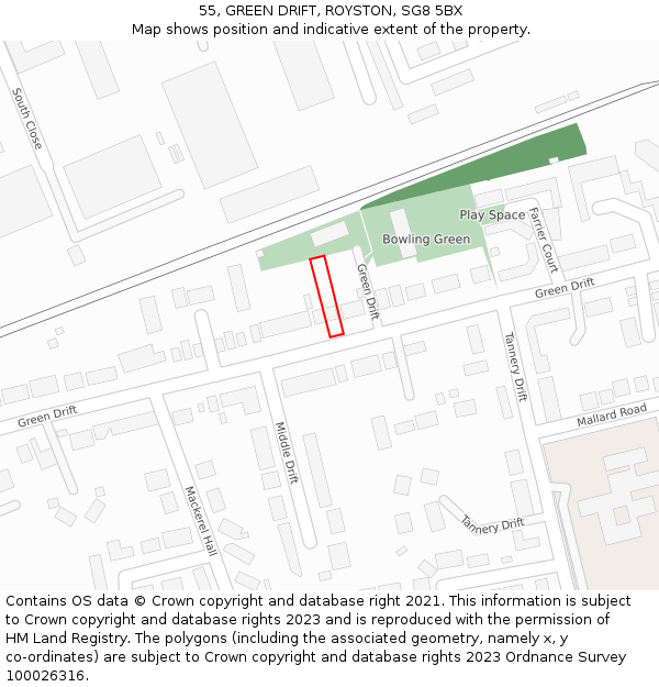 55, GREEN DRIFT, ROYSTON, SG8 5BX: Location map and indicative extent of plot