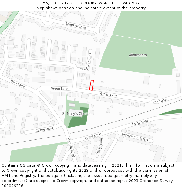 55, GREEN LANE, HORBURY, WAKEFIELD, WF4 5DY: Location map and indicative extent of plot