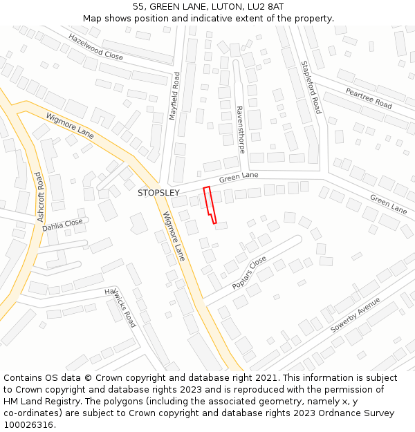55, GREEN LANE, LUTON, LU2 8AT: Location map and indicative extent of plot