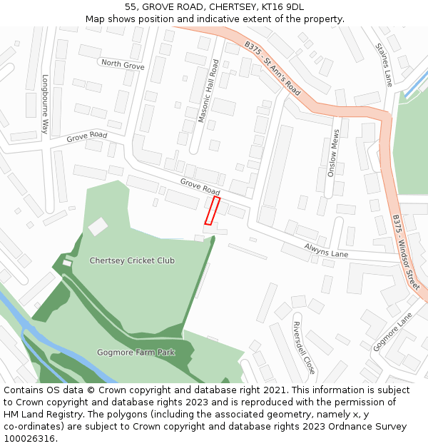 55, GROVE ROAD, CHERTSEY, KT16 9DL: Location map and indicative extent of plot