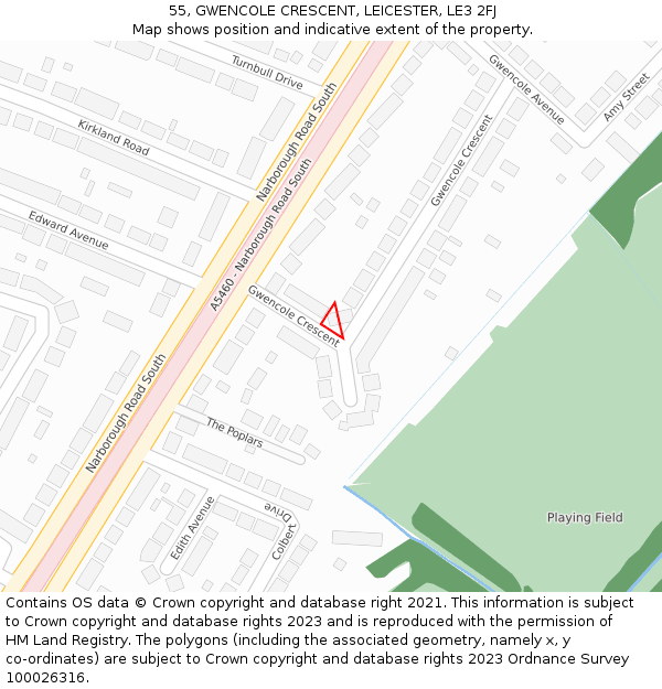 55, GWENCOLE CRESCENT, LEICESTER, LE3 2FJ: Location map and indicative extent of plot