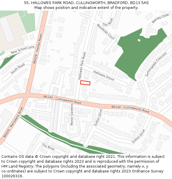 55, HALLOWES PARK ROAD, CULLINGWORTH, BRADFORD, BD13 5AS: Location map and indicative extent of plot