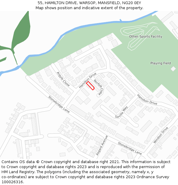 55, HAMILTON DRIVE, WARSOP, MANSFIELD, NG20 0EY: Location map and indicative extent of plot