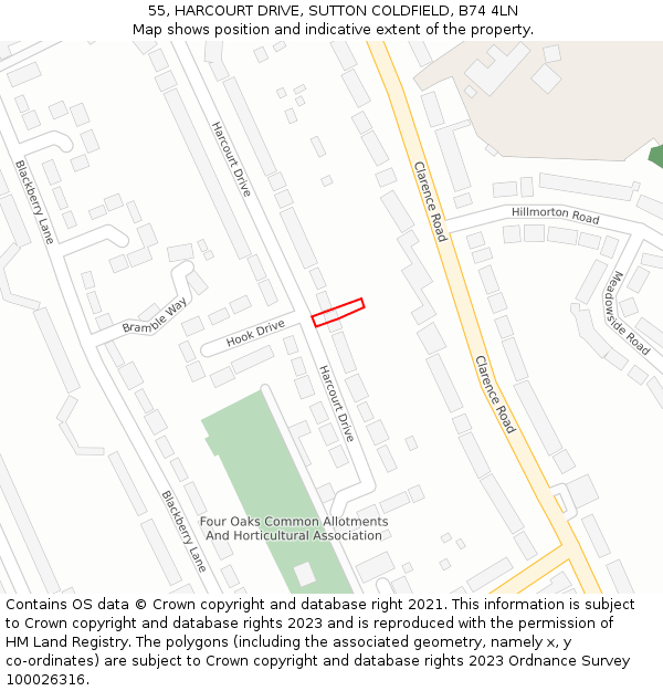 55, HARCOURT DRIVE, SUTTON COLDFIELD, B74 4LN: Location map and indicative extent of plot