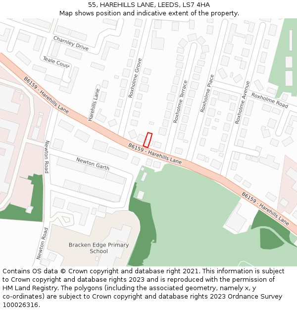 55, HAREHILLS LANE, LEEDS, LS7 4HA: Location map and indicative extent of plot