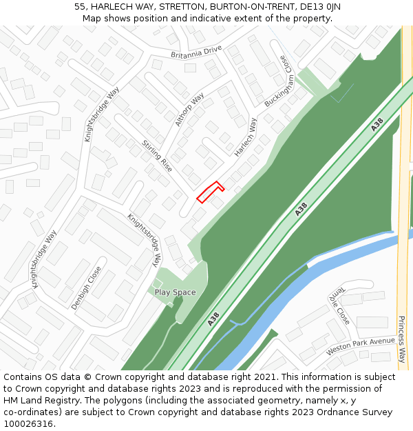 55, HARLECH WAY, STRETTON, BURTON-ON-TRENT, DE13 0JN: Location map and indicative extent of plot