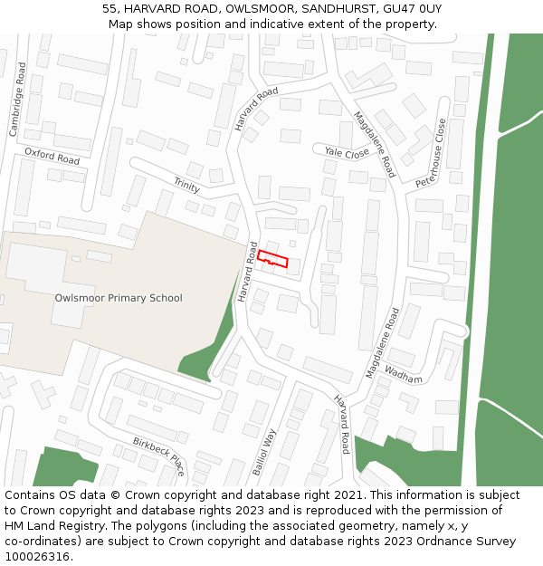55, HARVARD ROAD, OWLSMOOR, SANDHURST, GU47 0UY: Location map and indicative extent of plot