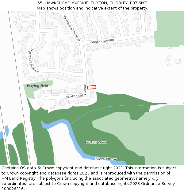 55, HAWKSHEAD AVENUE, EUXTON, CHORLEY, PR7 6NZ: Location map and indicative extent of plot