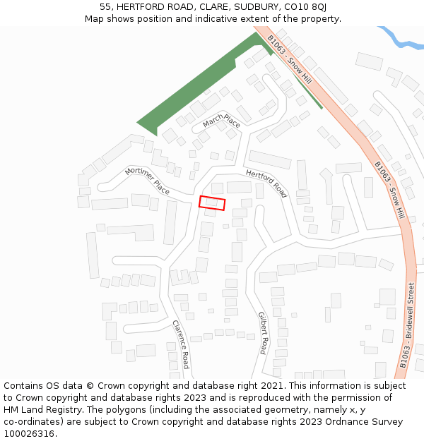 55, HERTFORD ROAD, CLARE, SUDBURY, CO10 8QJ: Location map and indicative extent of plot
