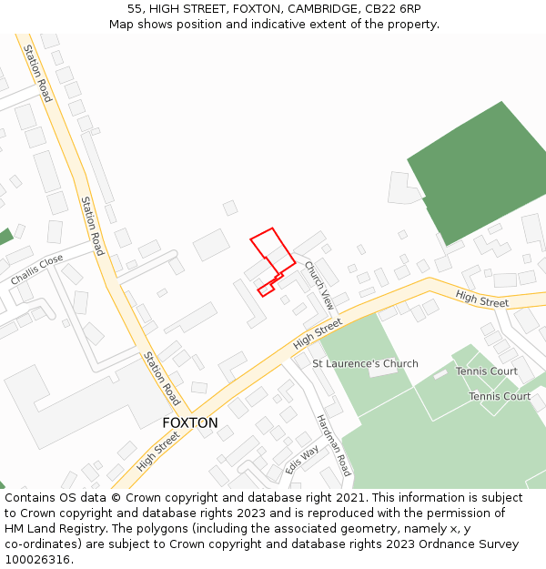 55, HIGH STREET, FOXTON, CAMBRIDGE, CB22 6RP: Location map and indicative extent of plot