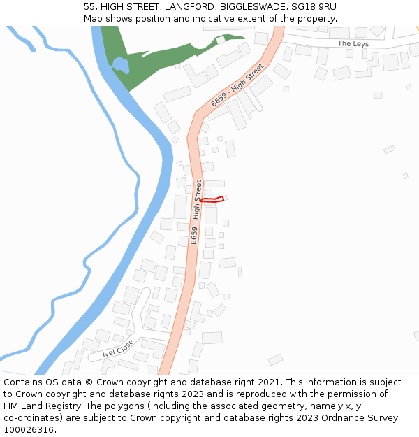 55, HIGH STREET, LANGFORD, BIGGLESWADE, SG18 9RU: Location map and indicative extent of plot