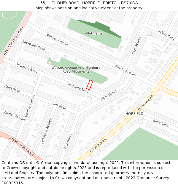 55, HIGHBURY ROAD, HORFIELD, BRISTOL, BS7 0DA: Location map and indicative extent of plot