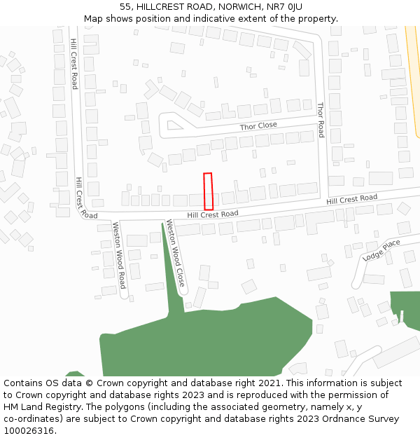 55, HILLCREST ROAD, NORWICH, NR7 0JU: Location map and indicative extent of plot