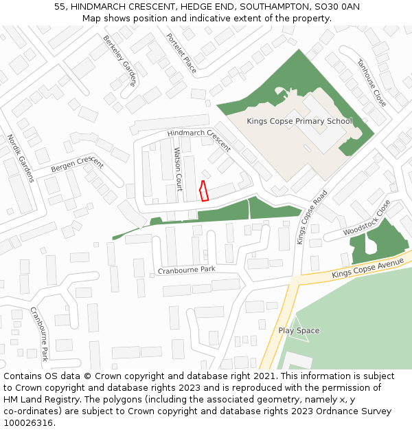 55, HINDMARCH CRESCENT, HEDGE END, SOUTHAMPTON, SO30 0AN: Location map and indicative extent of plot