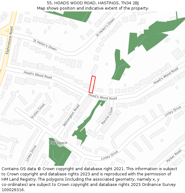 55, HOADS WOOD ROAD, HASTINGS, TN34 2BJ: Location map and indicative extent of plot