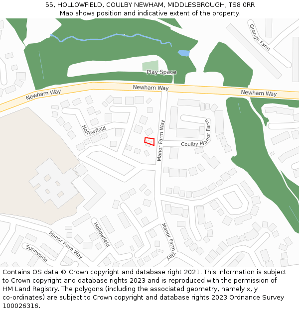 55, HOLLOWFIELD, COULBY NEWHAM, MIDDLESBROUGH, TS8 0RR: Location map and indicative extent of plot
