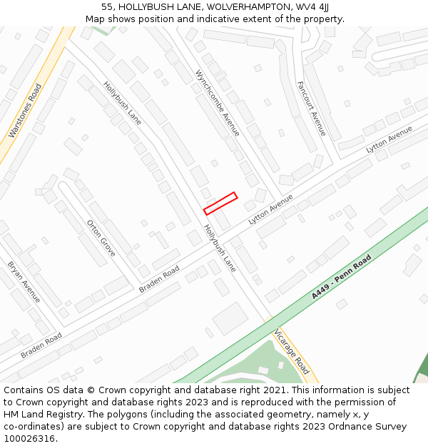 55, HOLLYBUSH LANE, WOLVERHAMPTON, WV4 4JJ: Location map and indicative extent of plot