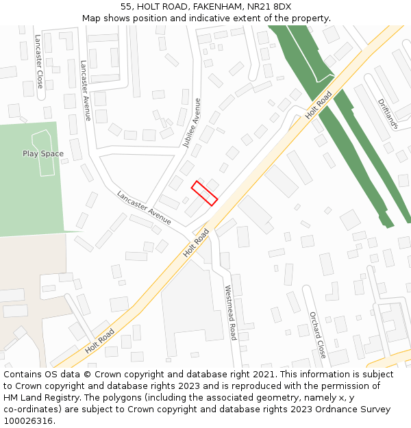 55, HOLT ROAD, FAKENHAM, NR21 8DX: Location map and indicative extent of plot