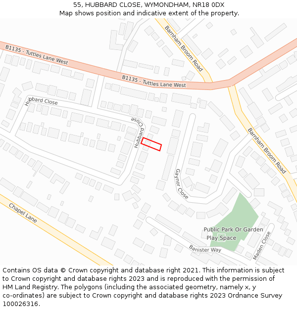 55, HUBBARD CLOSE, WYMONDHAM, NR18 0DX: Location map and indicative extent of plot