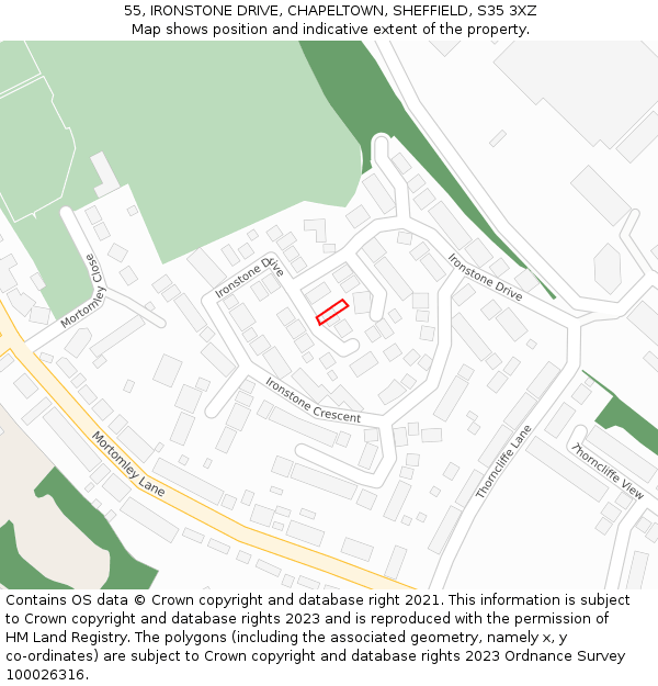55, IRONSTONE DRIVE, CHAPELTOWN, SHEFFIELD, S35 3XZ: Location map and indicative extent of plot