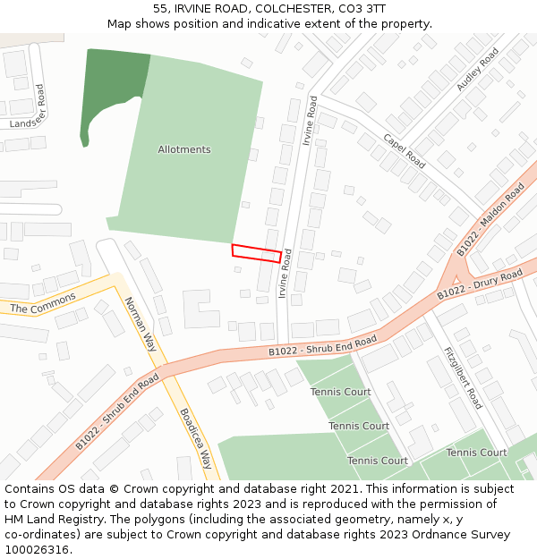 55, IRVINE ROAD, COLCHESTER, CO3 3TT: Location map and indicative extent of plot