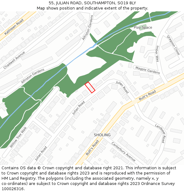 55, JULIAN ROAD, SOUTHAMPTON, SO19 8LY: Location map and indicative extent of plot