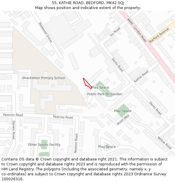 55, KATHIE ROAD, BEDFORD, MK42 0QJ: Location map and indicative extent of plot
