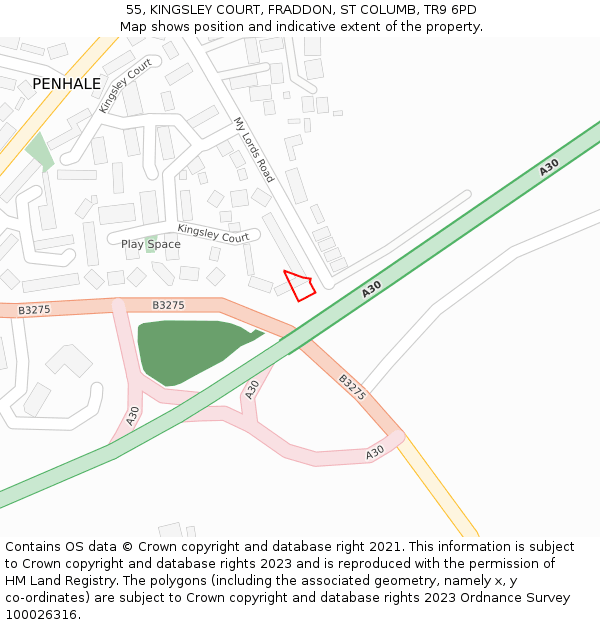 55, KINGSLEY COURT, FRADDON, ST COLUMB, TR9 6PD: Location map and indicative extent of plot