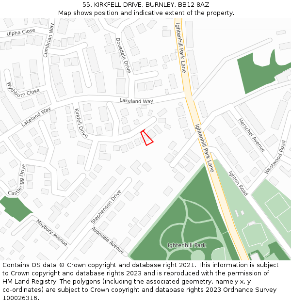 55, KIRKFELL DRIVE, BURNLEY, BB12 8AZ: Location map and indicative extent of plot