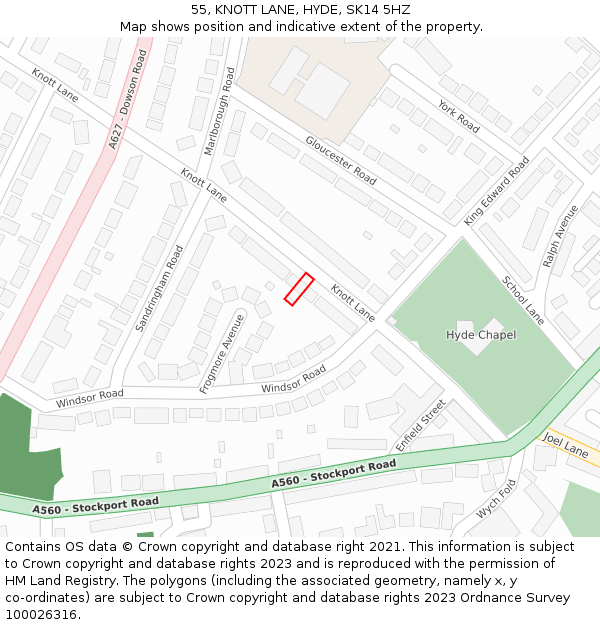 55, KNOTT LANE, HYDE, SK14 5HZ: Location map and indicative extent of plot