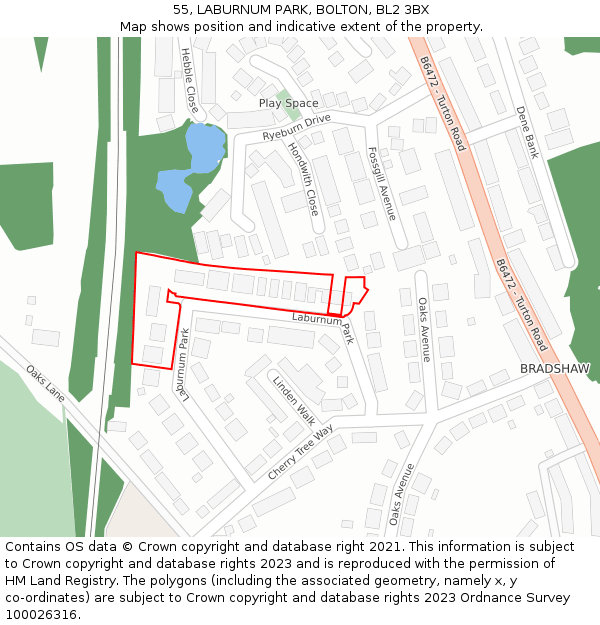 55, LABURNUM PARK, BOLTON, BL2 3BX: Location map and indicative extent of plot