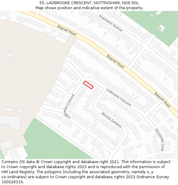 55, LADBROOKE CRESCENT, NOTTINGHAM, NG6 0GL: Location map and indicative extent of plot