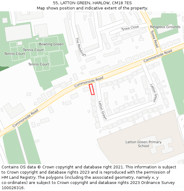 55, LATTON GREEN, HARLOW, CM18 7ES: Location map and indicative extent of plot