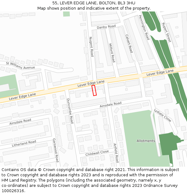55, LEVER EDGE LANE, BOLTON, BL3 3HU: Location map and indicative extent of plot