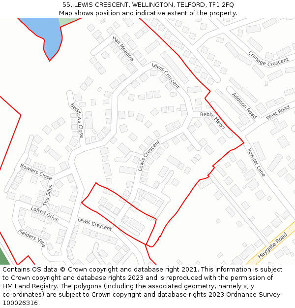 55, LEWIS CRESCENT, WELLINGTON, TELFORD, TF1 2FQ: Location map and indicative extent of plot