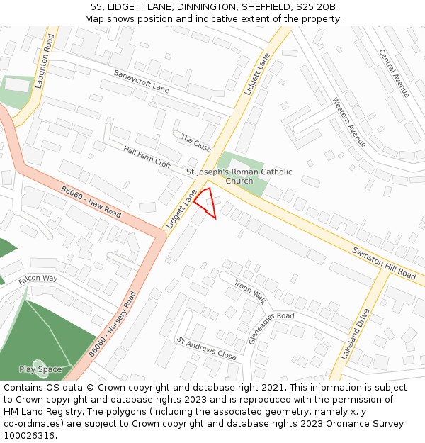 55, LIDGETT LANE, DINNINGTON, SHEFFIELD, S25 2QB: Location map and indicative extent of plot
