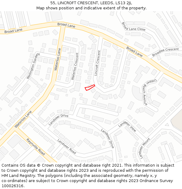 55, LINCROFT CRESCENT, LEEDS, LS13 2JL: Location map and indicative extent of plot