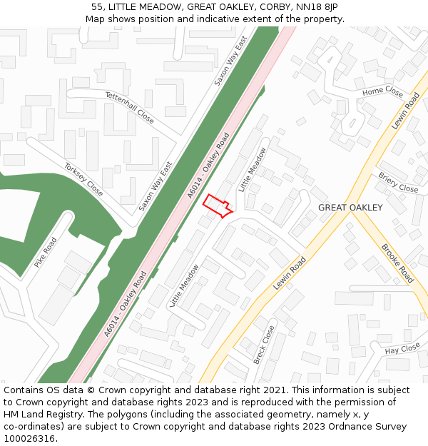 55, LITTLE MEADOW, GREAT OAKLEY, CORBY, NN18 8JP: Location map and indicative extent of plot