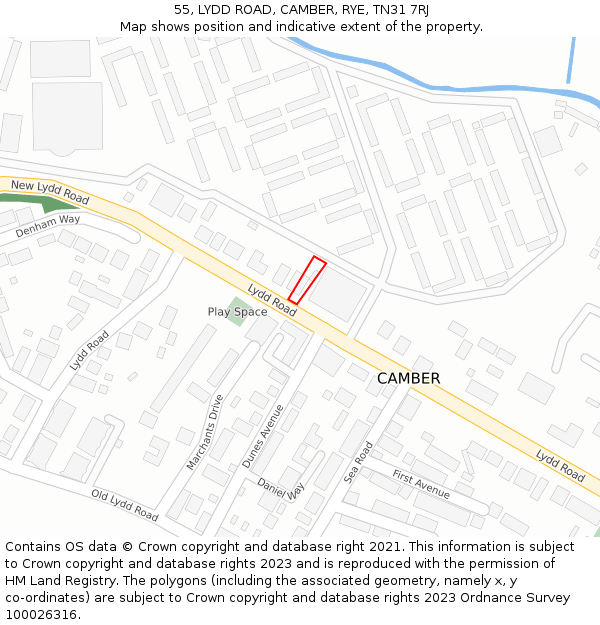 55, LYDD ROAD, CAMBER, RYE, TN31 7RJ: Location map and indicative extent of plot