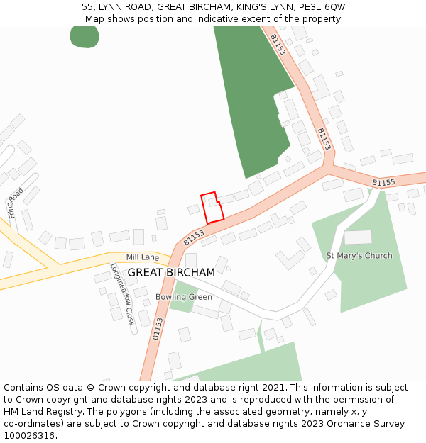 55, LYNN ROAD, GREAT BIRCHAM, KING'S LYNN, PE31 6QW: Location map and indicative extent of plot